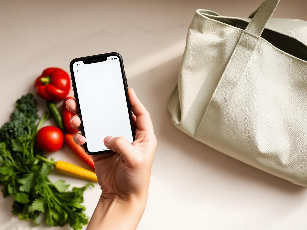 A hand holding a phone with a shopping list next to fresh vegetables