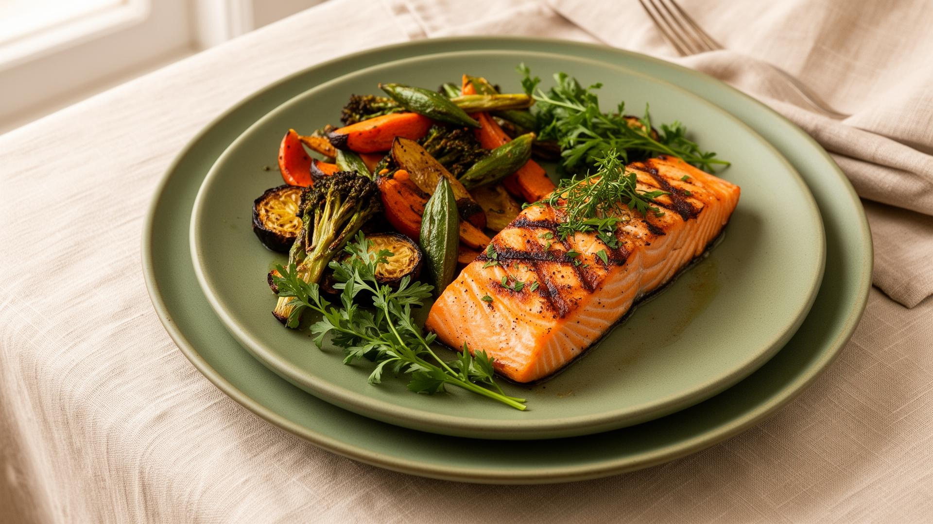 Grilled salmon with roasted vegetables on a sage green plate
